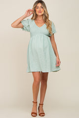 Mint Green Smocked Textured V-Neck Maternity Dress