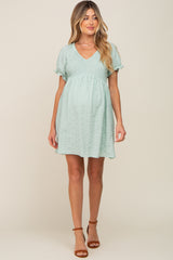 Mint Green Smocked Textured V-Neck Maternity Dress