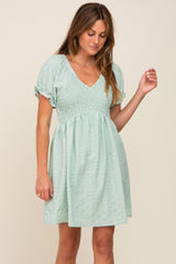 Mint Green Smocked Textured V-Neck Maternity Dress