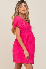 Fuchsia Smocked Textured V-Neck Maternity Dress