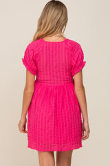 Fuchsia Smocked Textured V-Neck Maternity Dress