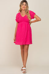 Fuchsia Smocked Textured V-Neck Maternity Dress