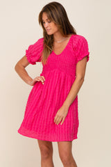 Fuchsia Smocked Textured V-Neck Maternity Dress