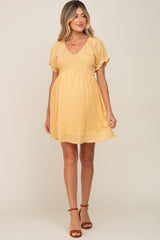 Yellow Smocked Textured V-Neck Maternity Dress