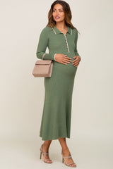 Olive Collared Button Front Midi Maternity Sweater Dress