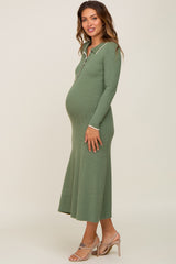 Olive Collared Button Front Midi Maternity Sweater Dress