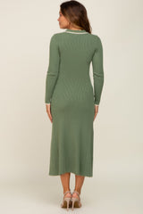 Olive Collared Button Front Midi Maternity Sweater Dress