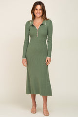 Olive Collared Button Front Midi Maternity Sweater Dress