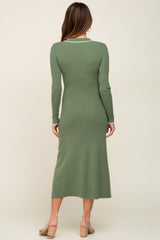 Olive Collared Button Front Midi Sweater Dress