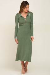 Olive Collared Button Front Midi Sweater Dress