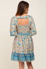 Blue Floral Paisley Smocked Button Front Back Cutout Dress