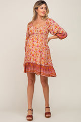 Magenta Floral Paisley Smocked Button Front Back Cutout Maternity Dress