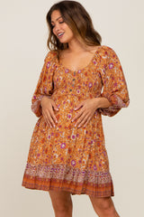 Rust Floral Paisley Smocked Button Front Back Cutout Maternity Dress