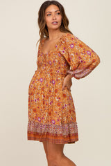 Rust Floral Paisley Smocked Button Front Back Cutout Maternity Dress