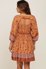 Rust Floral Paisley Smocked Button Front Back Cutout Maternity Dress