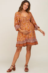 Rust Floral Paisley Smocked Button Front Back Cutout Maternity Dress