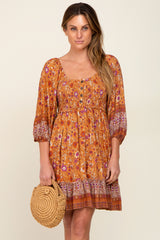 Rust Floral Paisley Smocked Button Front Back Cutout Maternity Dress