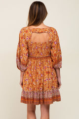 Rust Floral Paisley Smocked Button Front Back Cutout Dress