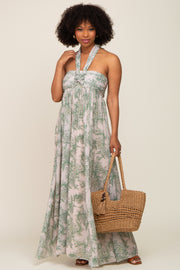 Green Floral Halter Chiffon Maxi Dress