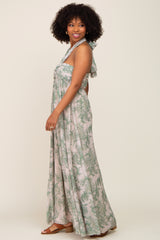 Green Floral Halter Chiffon Maxi Dress