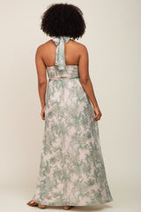 Green Floral Halter Chiffon Maxi Dress