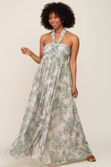 Green Floral Halter Chiffon Maxi Dress