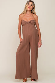 Mocha Strapless Front Twist Maternity Jumpsuit