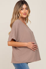 Taupe Oversized V-Neck Pocket Front Maternity Blouse