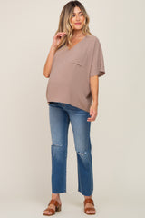 Taupe Oversized V-Neck Pocket Front Maternity Blouse