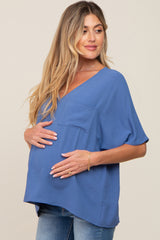 Blue Oversized V-Neck Pocket Front Maternity Blouse