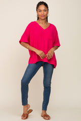 Fuchsia Oversized V-Neck Pocket Front Blouse