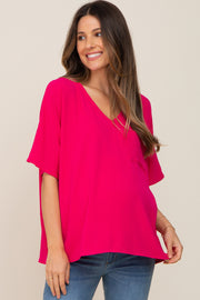 Fuchsia Oversized V-Neck Pocket Front Maternity Blouse