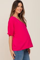 Fuchsia Oversized V-Neck Pocket Front Maternity Blouse