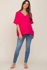 Fuchsia Oversized V-Neck Pocket Front Maternity Blouse