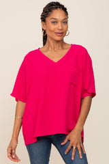 Fuchsia Oversized V-Neck Pocket Front Maternity Blouse