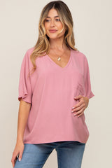 Mauve Oversized V-Neck Pocket Front Maternity Blouse