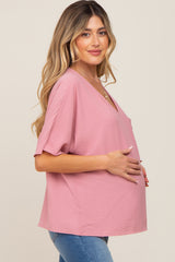 Mauve Oversized V-Neck Pocket Front Maternity Blouse