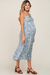 Blue Palm Print Front Cutout Maternity Midi Dress