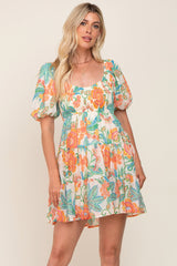 Cream Floral Puff Sleeve Tiered Mini Dress