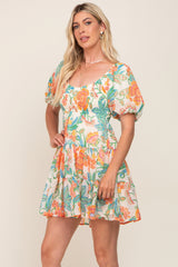 Cream Floral Puff Sleeve Tiered Mini Dress