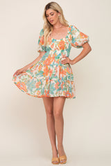 Cream Floral Puff Sleeve Tiered Mini Dress