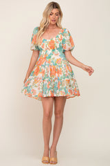 Cream Floral Puff Sleeve Tiered Mini Dress