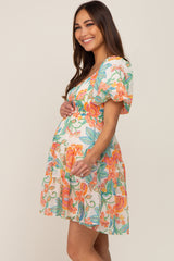 Cream Floral Puff Sleeve Tiered Maternity Mini Dress