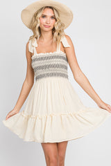 Cream Embroidered Smocked Shoulder Tie Dress