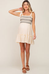 Cream Embroidered Smocked Shoulder Tie Maternity Dress