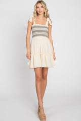 Cream Embroidered Smocked Shoulder Tie Dress