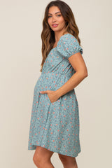 Sage Floral Shirred Short Sleeve Maternity Dress