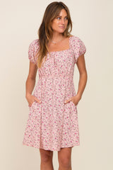 Light Pink Floral Shirred Short Sleeve Maternity Dress