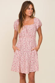 Light Pink Floral Shirred Short Sleeve Dress