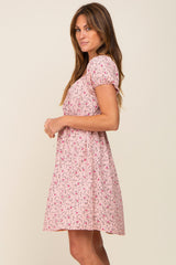 Light Pink Floral Shirred Short Sleeve Dress